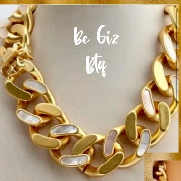 NWOT Tory Burch Authentic Roxanne Inlay Chunky Bold Statement Gold Necklace